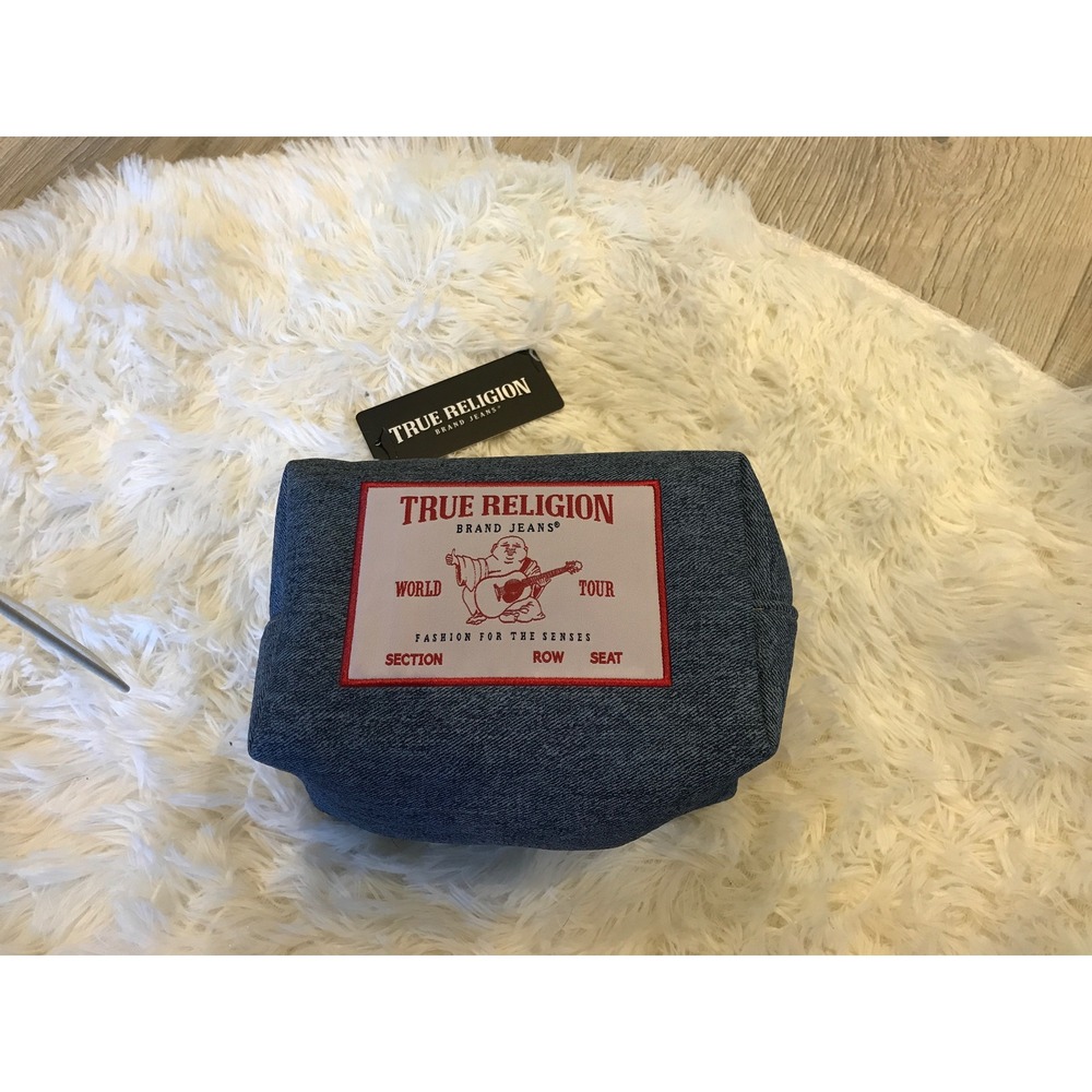 True Religion Denim Cosmetic Bag World Tour Buddha Logo Makeup Pouch Blue New